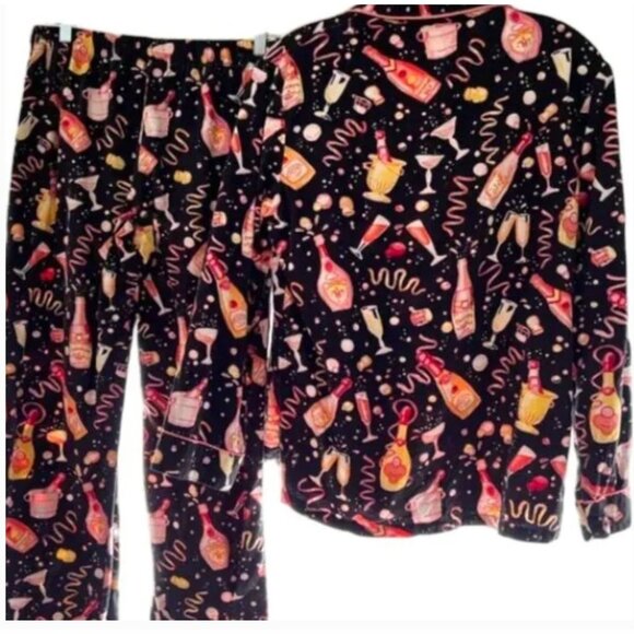 Nick & Nora Pajama Set Flannel Champagne Party New Year Black Pink Size Medium - Picture 3 of 5